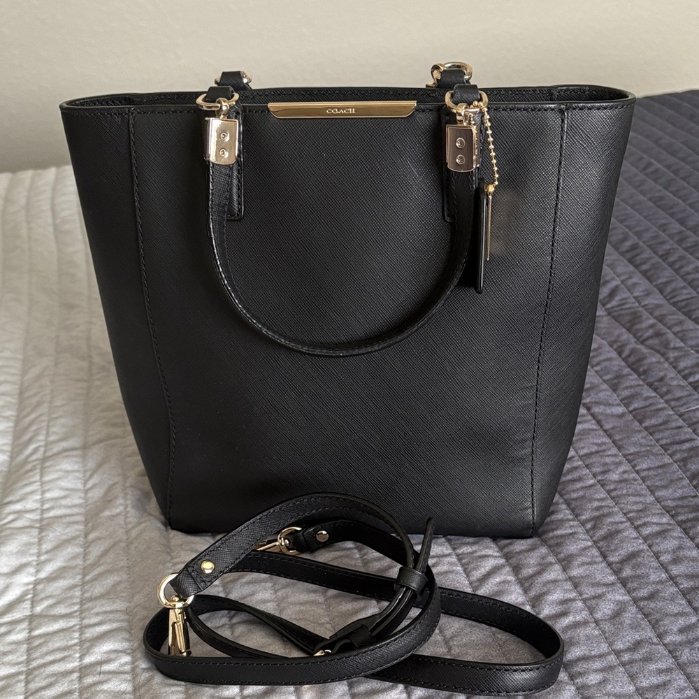 Coach Black Leather Tote with Gold Accents